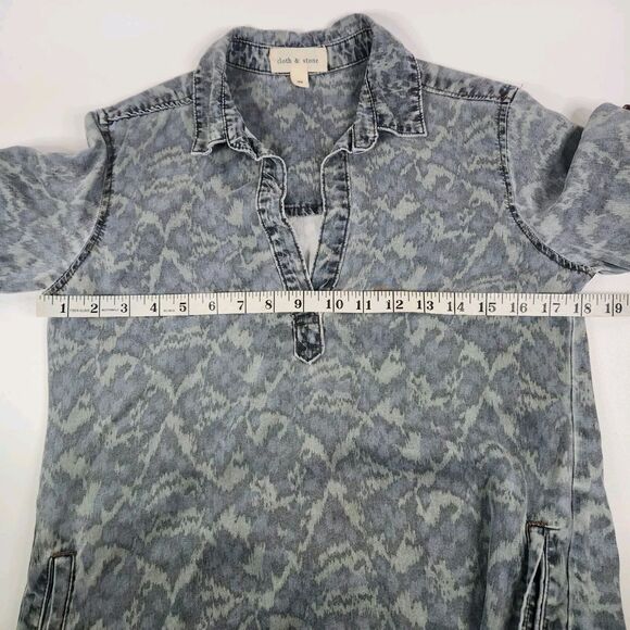 Anthro Cloth & Stone Camo Ikat Chambray Tunic Shirt Dress Tencel Roll Tab XS - Picture 7 of 9